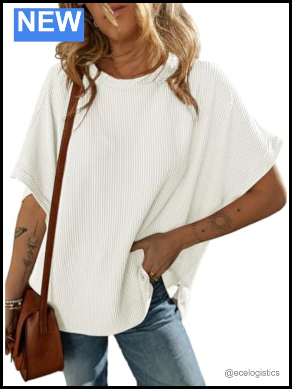Oversized Short Sleeve Texture Knit Tunic Top Blouse